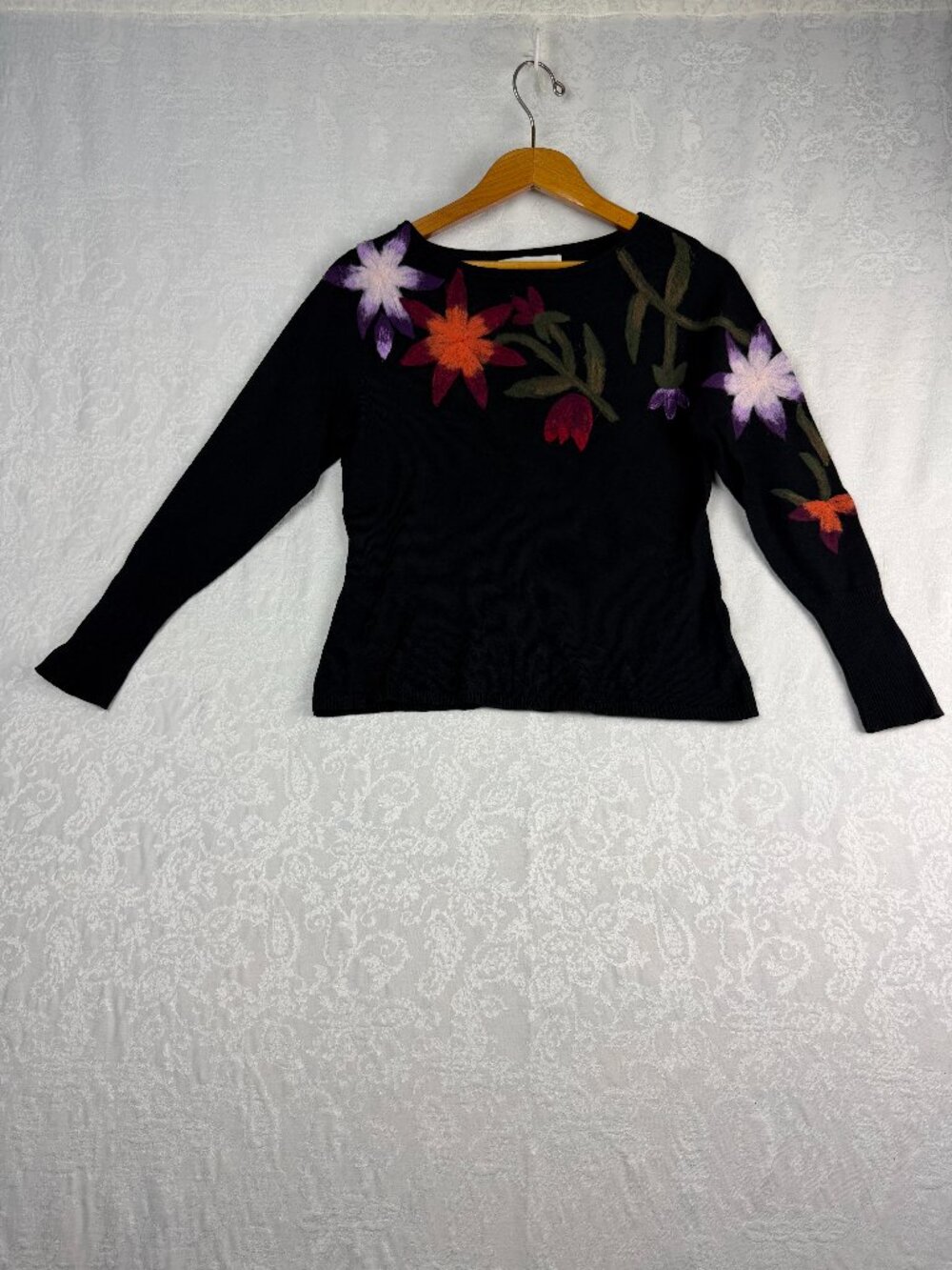 Nicole Alexander Women's Small Black Floral Embroidered Sweater Long Boho
